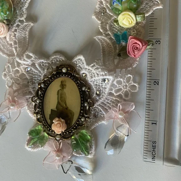 Bib Necklace flapper image glass hand sewn glass beads satin ribbon flowers - Picture 14 of 17